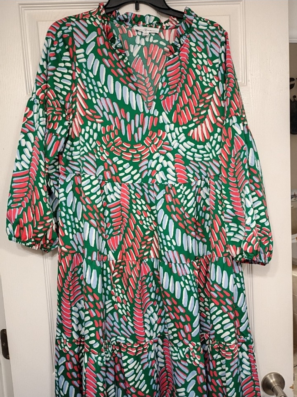 Michelle McDowell boutique Maxi Dress Ruffle Collar Green Pink Size M